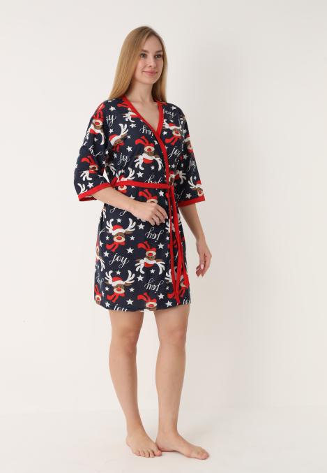 Halat dama Craciun,maneci 3/4,imprimeu reni ,culoare bleumarin ,En-gros